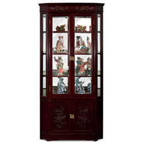 Dark Cherry Rosewood Dragon Motif Oriental Corner Curio Cabinet