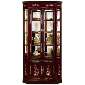 Dark Cherry Rosewood Oriental Corner Curio Cabinet with Mother of Pearl Inlay