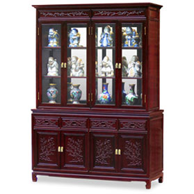 Dark Cherry Finish Rosewood Flower and Bird Motif Oriental China Cabinet