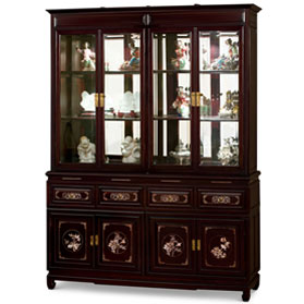 Dark Cherry Rosewood Oriental China Cabinet with Mother of Pearl Inlay