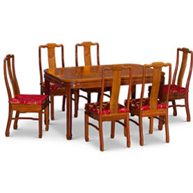 60in Natural Finish Rosewood Chinese Longevity Rectangle Dining Set with 6 Chairs