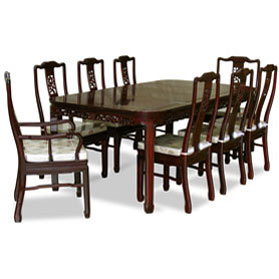 Dark Cherry Rosewood Flower and Bird Rectangle Oriental Dining Set with 8 Chairs