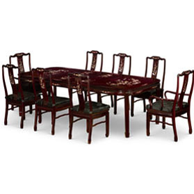 96in Dark Cherry Rosewood Rectangle Oriental Dining Set with Mother of Pearl Inlay - with FREE Inside Delivery