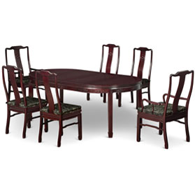 Dark Cherry Rosewood Longevity Motif Oval Oriental Dining Set with 6 Chairs