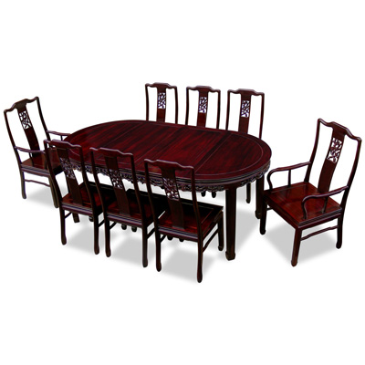 Dark Cherry Rosewood Flower and Bird Oval Oriental Dining Set with 8 Chairs