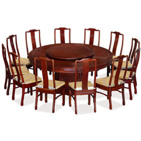 72in Red Cherry Finish Rosewood Longevity Motif Round Oriental Dining Set with 12 Chairs