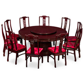 Dark Cherry Rosewood Dragon Motif Chinese Round Dining Set with 10 Chairs