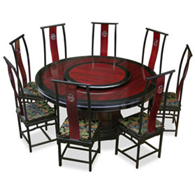 Black Trim Dark Cherry Rosewood Chinese Ming Round Dining Set with 8 Chairs