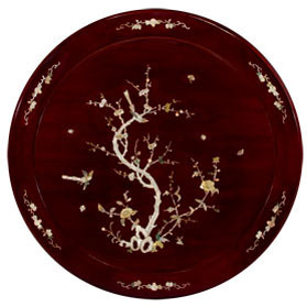 32in Dark Cherry Rosewood Chinese Lazy Susan with Bird and Flower Motif Mother of Pearl Inlay