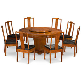 Natural Rosewood Longevity Round Oriental Dining Set with 8 Chairs