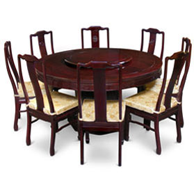 Dark Cherry Rosewood Longevity Round Oriental Dining Set with 8 Chairs