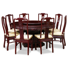 Dark Cherry Rosewood Flower and Bird Round Oriental Dining Set with 8 Chairs