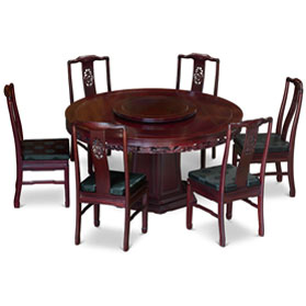 60in Dark Cherry Finish Rosewood Dragon Motif Round Oriental Dining Set with 6 Chairs