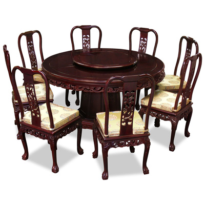 Dark Cherry Rosewood Queen Anne Imperial Dragon Round Dining Set with 8 Chairs