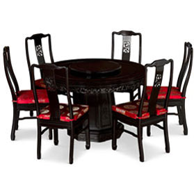 48in Dark Brown Rosewood Flower and Bird Round Oriental Dining Set with 6 Chairs