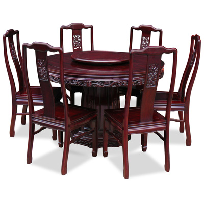 Dark Cherry Rosewood Dragon Round Oriental Dining Set with 6 Chairs