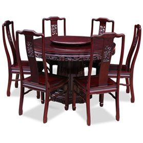 Dark Cherry Rosewood Dragon Round Oriental Dining Set with 6 Chairs