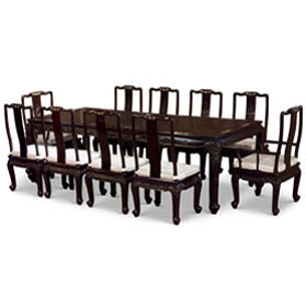 100in Black Ebony Elephant and Fish Motif with Mother of Pearl Inlay Oriental Dining Set with 10 Chairs - with FREE Inside Delivery