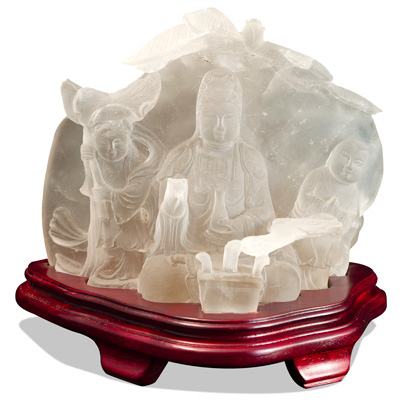 Frosted Quartz Guanyin with Two Children Asian Sculpture