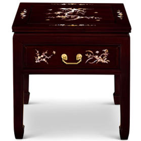 Dark Cherry Chinese Mother of Pearl Inlay Rosewood Lamp Table with Drawer