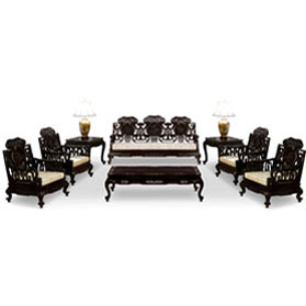 Dark Cherry Rosewood Mother of Pearl Motif Oriental Living Room Set (8pcs) - with FREE Inside Delivery