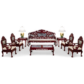 Eight Piece Cherry Finish Rosewood Living Room Set with Marble Inlay-with FREE Inside Delivery