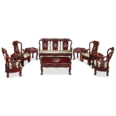 Dark Cherry Rosewood Mother of Pearl Inlay Chinese Imperial Court Living Room Set (10pcs)