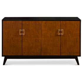 Wood Checker Motif Four Door Zen Modern Asian Cabinet