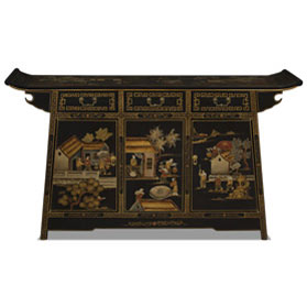 Hand painted Matte Black Chinoiserie Courtyard Motif Chinese Altar Cabinet