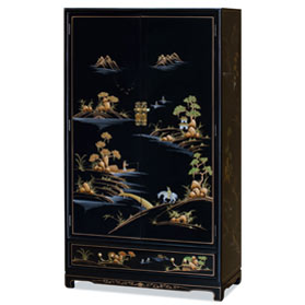Black Lacquer Chinoiserie Scenery Motif Chinese Armoire
