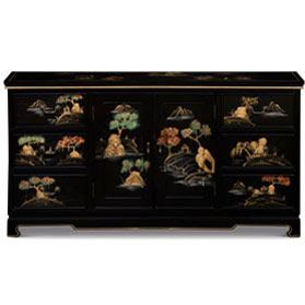 Hand Painted Black Chinoiserie Scenery Motif Oriental Sideboard