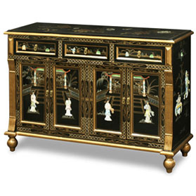 Gold Trim Black Lacquer Mother of Pearl Oriental Sideboard