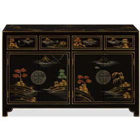 Black Lacquer Chinoiserie Scenery Motif Oriental Sideboard