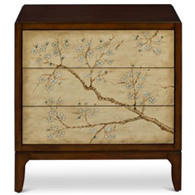 Hand Painted Cherry Blossom Motif Oriental Chest of Three Drawers