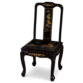 Black Lacquer Chinoiserie Scenery Motif Oriental Tiger Claw Chair