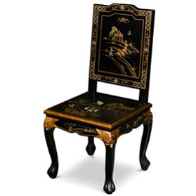 Black Queen Anne Chinoiserie Scenery Motif Oriental Accent Chair