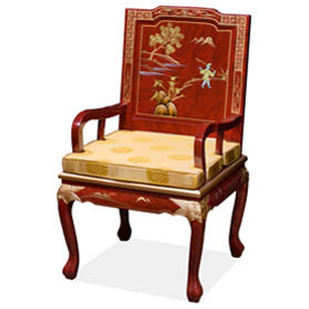 Red Queen Anne Chinoiserie Scenery Oriental Arm Chair