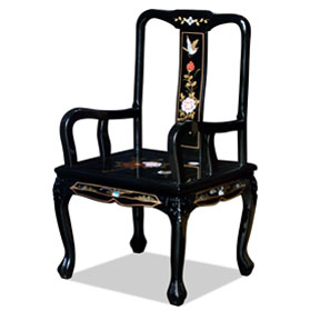 Black Lacquer Queen Ann Mother of Pearl Motif Oriental Arm Chair