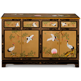 Hand Painted Gold Leaf Crane Oriental Sideboard