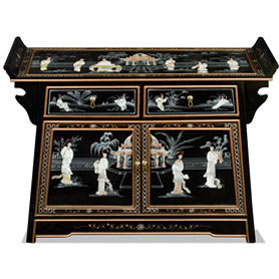 Black Lacquer Mother of Pearl Motif Oriental Altar Style Cabinet