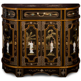 Black Lacquer Mother of Pearl Oriental Curved Accent Cabinet