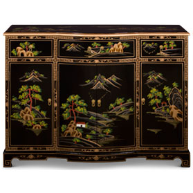 Black Lacquer Chinoiserie Scenery Motif Oriental Hall Cabinet