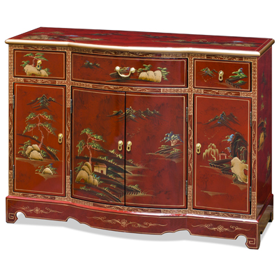 Red Lacquer Chinoiserie Scenery Hall Cabinet