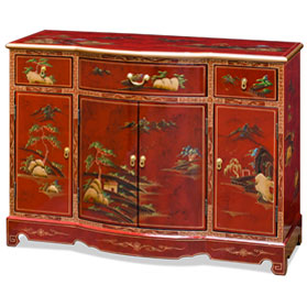 Red Lacquer Chinoiserie Scenery Hall Cabinet