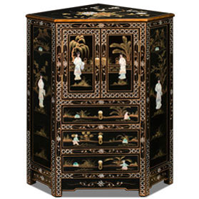 Black Lacquer Mother of Pearl Oriental Corner Cabinet