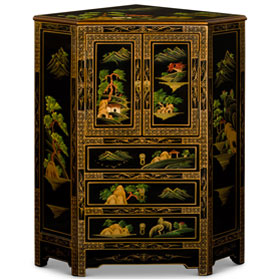 Black Lacquer Chinoiserie Landscape Oriental Corner Cabinet