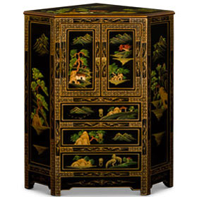 Black Lacquer Chinoiserie Landscape Oriental Corner Cabinet