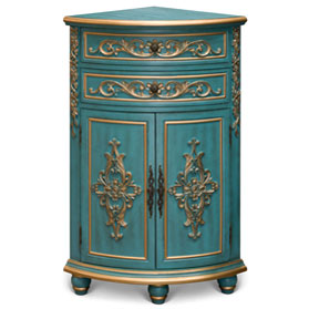 Aquamarine Blue and Gold French Style Oriental Round Corner Cabinet