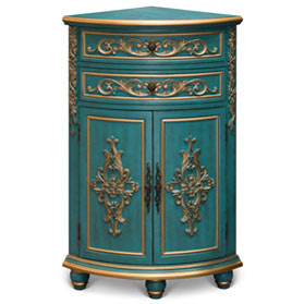 Aquamarine Blue and Gold French Style Oriental Round Corner Cabinet