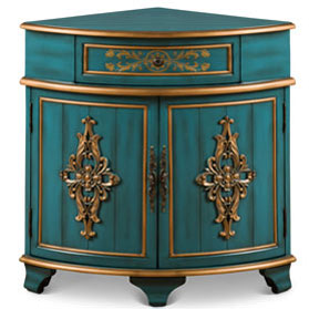 Aquamarine Blue and Gold French Style Asian Round Corner Cabinet